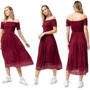 ROXY Pretty Lovers Off the Shoulder Dress Fitted Flowy Lace Boho, Size Medium